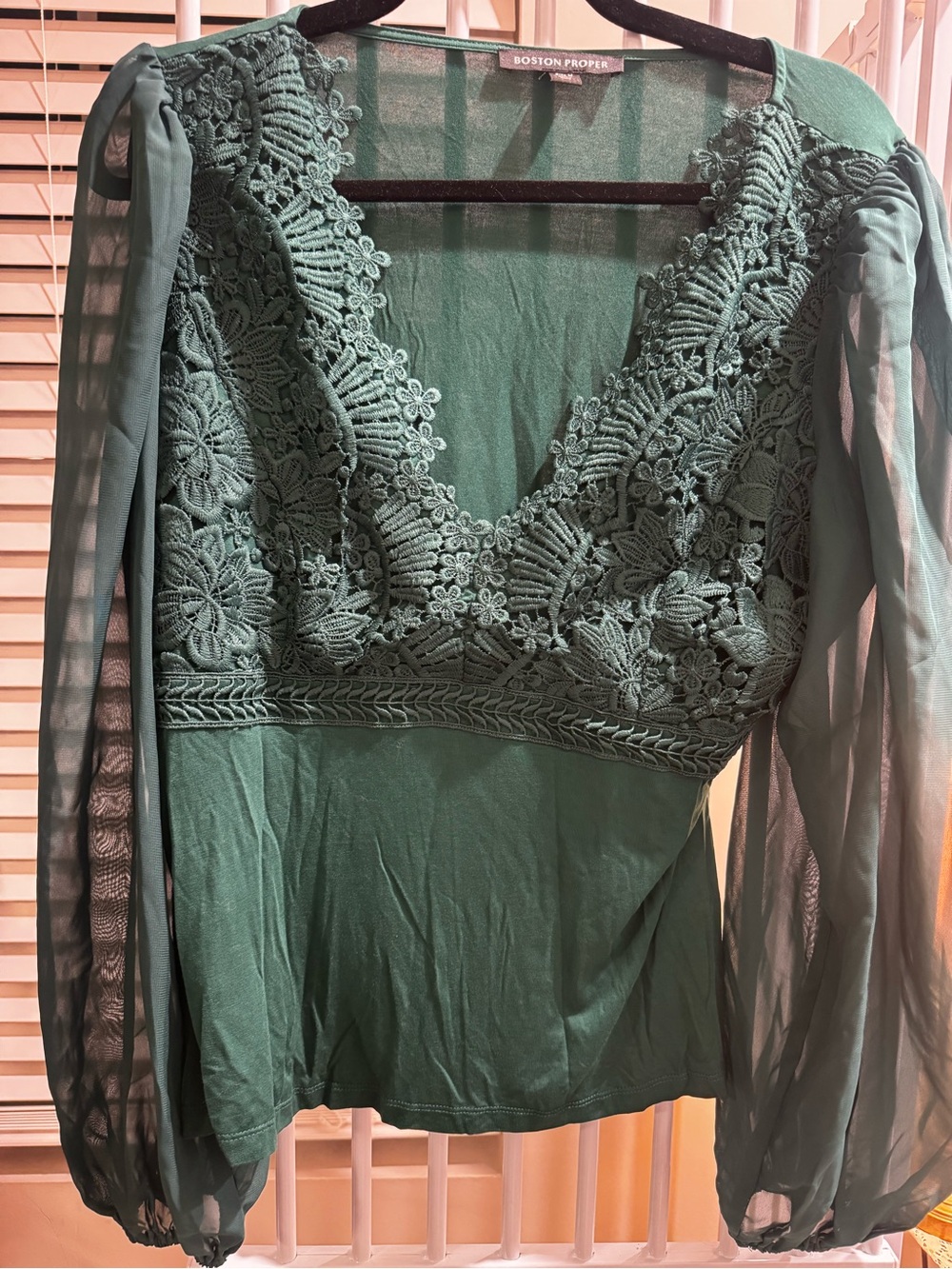 Scallop Lace Long Sleeve Top Deep Emerald | Boston Proper - Picture 3 of 7